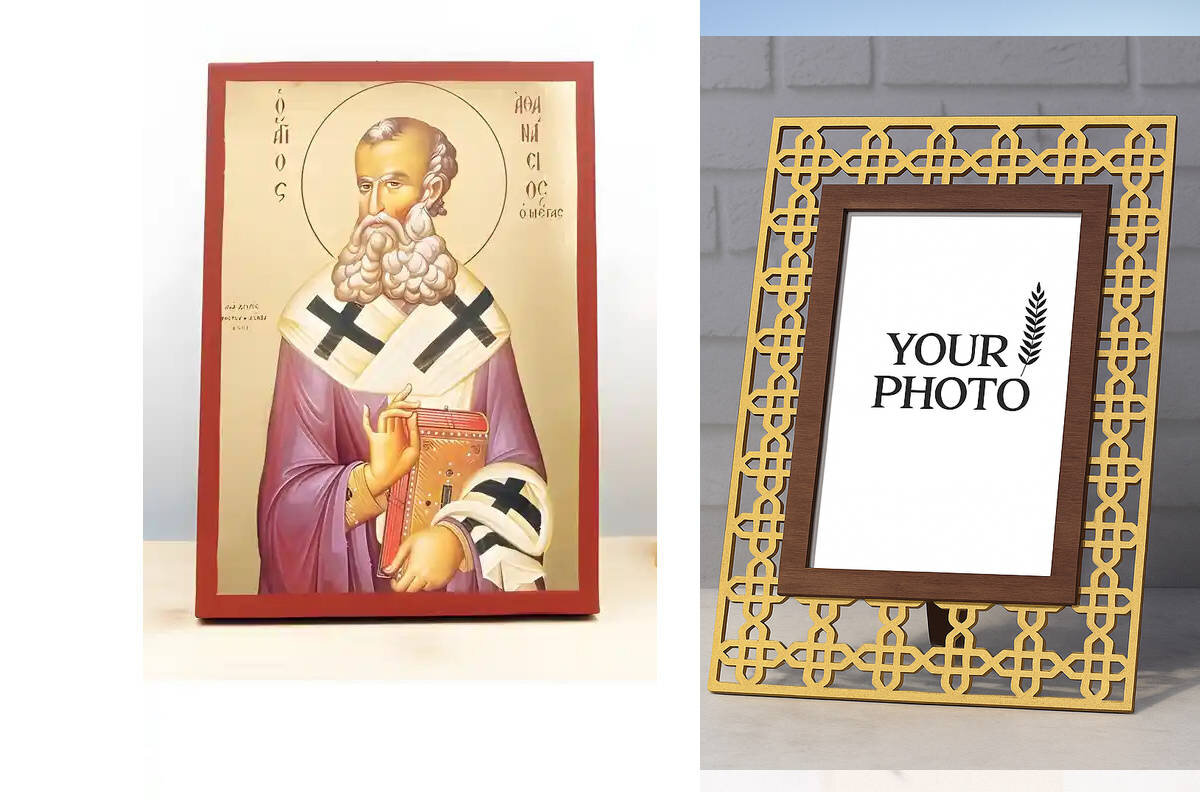 Εικόνα Ορθοδοξίας Πολυτελείας  με  σχεδιο Σταυρούς μαζι με  Βάση σε  8 χρώματα με περίγραμμα χρυσό σε ξύλο Plywood (Πλακάζ)   με  βάση Άγιος Αθανάσιος Αλεξανδρείας, Ξύλινη Χειροποίητη Εικόνα με Ψηφιακή Εκτύπωση Ελληνικό Premium Βυζαντινού Στυλ Κρεμαστό τοίχου Θρησκευτικό Θέμα Χειροποίητη Ελληνορθόδοξη εικόνα του Ιησού Χριστού, Κρεμαστή πλάκα βυζαντινής τέχνης, χριστιανική τέχνη Διάσταση 10x7 cm (3,9 x 2,8 ίντσες)  INTRAEK3kadro3211-11090