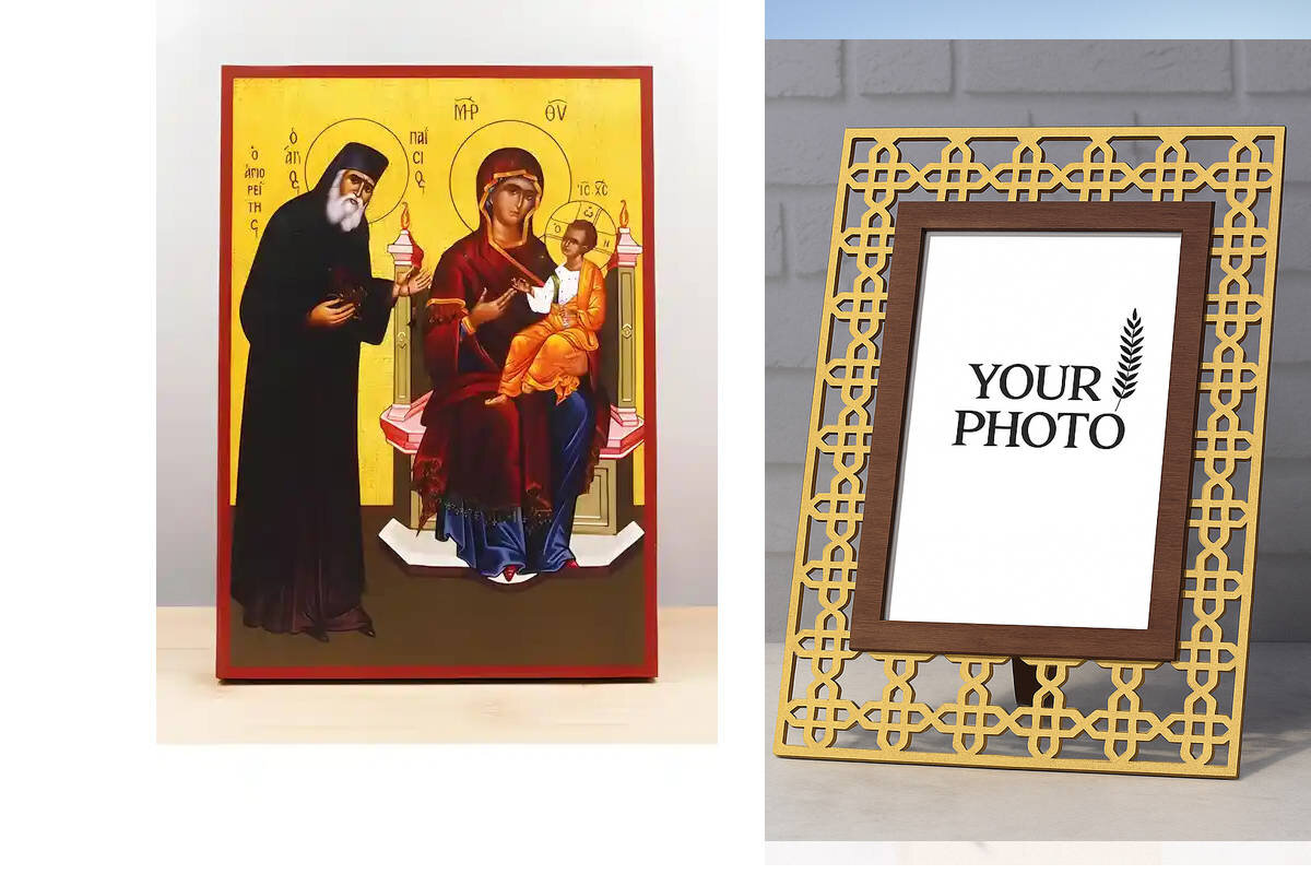 Εικόνα Ορθοδοξίας Πολυτελείας  με  σχεδιο Σταυρούς μαζι με  Βάση σε  8 χρώματα με περίγραμμα χρυσό σε ξύλο Plywood (Πλακάζ)   με  βάση Άγιος Παΐσιος με την Παναγία και τον Ιησού Χριστό, Ξύλινη Χειροποίητη Εικόνα Ελληνικού Βυζαντινού Στυλ Κρεμασμένη σε ξύλινη πλάκα Χειροποίητη Ελληνορθόδοξη εικόνα του Ιησού Χριστού, Κρεμαστή πλάκα βυζαντινής τέχνης, χριστιανική τέχνη Διάσταση 10x7 cm (3,9 x 2,8 ίντσες)  INTRAEK3kadro3211-11089