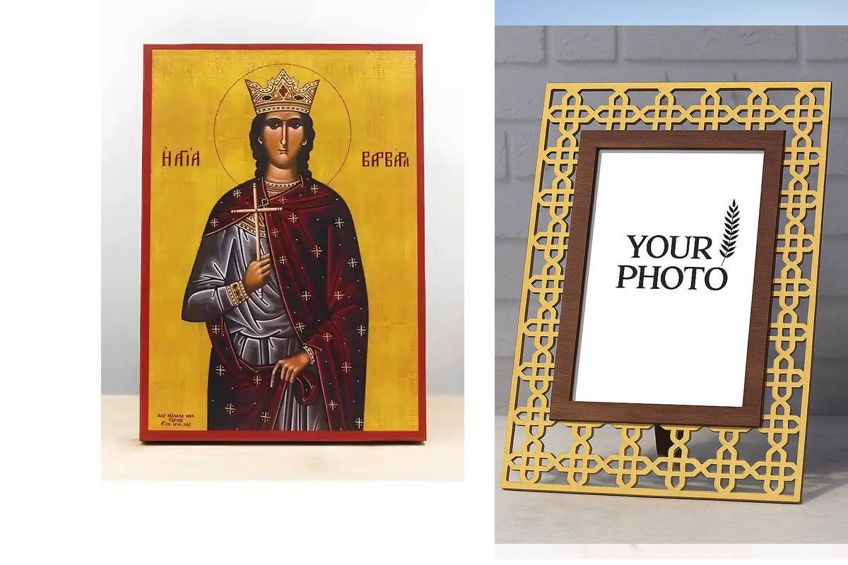 Εικόνα Ορθοδοξίας Πολυτελείας  με  σχεδιο Σταυρούς μαζι με  Βάση σε  8 χρώματα με περίγραμμα χρυσό σε ξύλο Plywood (Πλακάζ)   με  βάση Αγία Βαρβάρα η Μεγαλομάρτυς, Ξύλινη Χειροποίητη Εικόνα Ελληνικού Premium Βυζαντινού Στυλ Κρεμαστή σε ξύλινη πλάκα Θρησκευτικό θέμα Χειροποίητη Ελληνορθόδοξη εικόνα του Ιησού Χριστού, Κρεμαστή πλάκα βυζαντινής τέχνης, χριστιανική τέχνη Διάσταση 10x7 cm (3,9 x 2,8 ίντσες)  INTRAEK3kadro3211-11088