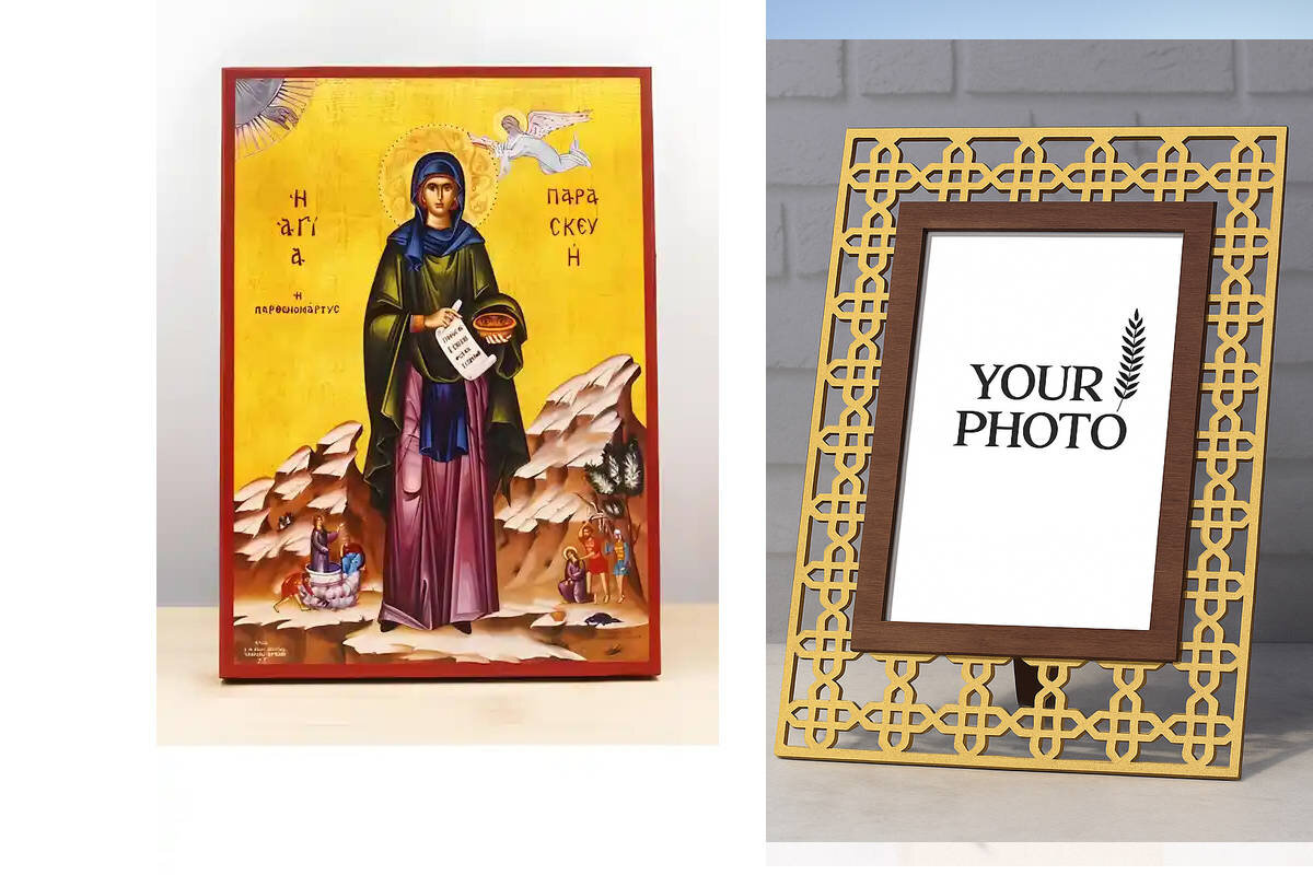 Εικόνα Ορθοδοξίας Πολυτελείας  με  σχεδιο Σταυρούς μαζι με  Βάση σε  8 χρώματα με περίγραμμα χρυσό σε ξύλο Plywood (Πλακάζ)   με  βάση Παρασκευή της Ρώμης Ολόσωμο, Ξύλινη Χειροποίητη Εικόνα Ελληνικού Premium Βυζαντινού Στυλ Κρεμασμένο σε ξύλινη πλάκα Χειροποίητη Ελληνορθόδοξη εικόνα του Ιησού Χριστού, Κρεμαστή πλάκα βυζαντινής τέχνης, χριστιανική τέχνη Διάσταση 10x7 cm (3,9 x 2,8 ίντσες)  INTRAEK3kadro3211-11087