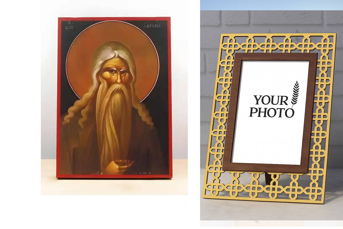 Εικόνα Ορθοδοξίας Πολυτελείας  με  σχεδιο Σταυρούς μαζι με  Βάση σε  8 χρώματα με περίγραμμα χρυσό σε ξύλο Plywood (Πλακάζ)   με  βάση Αβραάμ ο Δίκαιος, Ξύλινη Χειροποίητη Εικόνα Ελληνικής Premium Βυζαντινού Στυλ Κρεμασμένη σε ξύλινη πλάκα Χειροποίητη Ελληνορθόδοξη εικόνα του Ιησού Χριστού, Κρεμαστή πλάκα βυζαντινής τέχνης, χριστιανική τέχνη Διάσταση 10x7 cm (3,9 x 2,8 ίντσες)  INTRAEK3kadro3211-11086