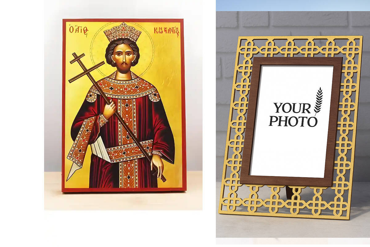 Εικόνα Ορθοδοξίας Πολυτελείας  με  σχεδιο Σταυρούς μαζι με  Βάση σε  8 χρώματα με περίγραμμα χρυσό σε ξύλο Plywood (Πλακάζ)   με  βάση Άγιος Κωνσταντίνος ο Μέγας, Ξύλινη Χειροποίητη Εικόνα Ελληνικής Premium Βυζαντινού Στυλ Κρεμασμένη σε ξύλινη πλάκα Χειροποίητη Ελληνορθόδοξη εικόνα του Ιησού Χριστού, Κρεμαστή πλάκα βυζαντινής τέχνης, χριστιανική τέχνη Διάσταση 10x7 cm (3,9 x 2,8 ίντσες)  INTRAEK3kadro3211-11085