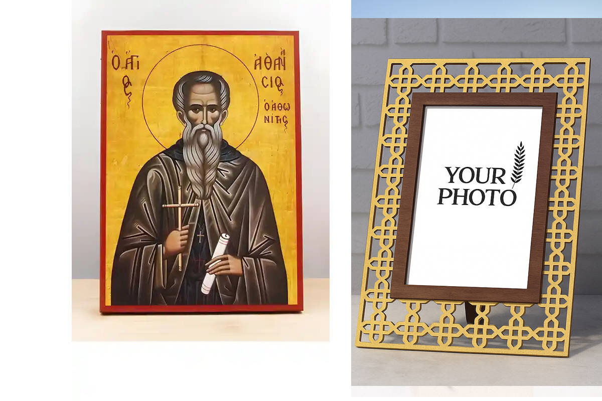 Εικόνα Ορθοδοξίας Πολυτελείας  με  σχεδιο Σταυρούς μαζι με  Βάση σε  8 χρώματα με περίγραμμα χρυσό σε ξύλο Plywood (Πλακάζ)   με  βάση Άγιος Αθανάσιος ο Αθωνίτης, Ξύλινη Χειροποίητη Εικόνα Ελληνικής Premium Βυζαντινού Στυλ Κρεμασμένη σε ξύλινη πλάκα Χειροποίητη Ελληνορθόδοξη εικόνα του Ιησού Χριστού, Κρεμαστή πλάκα βυζαντινής τέχνης, χριστιανική τέχνη Διάσταση 10x7 cm (3,9 x 2,8 ίντσες)  INTRAEK3kadro3211-11084