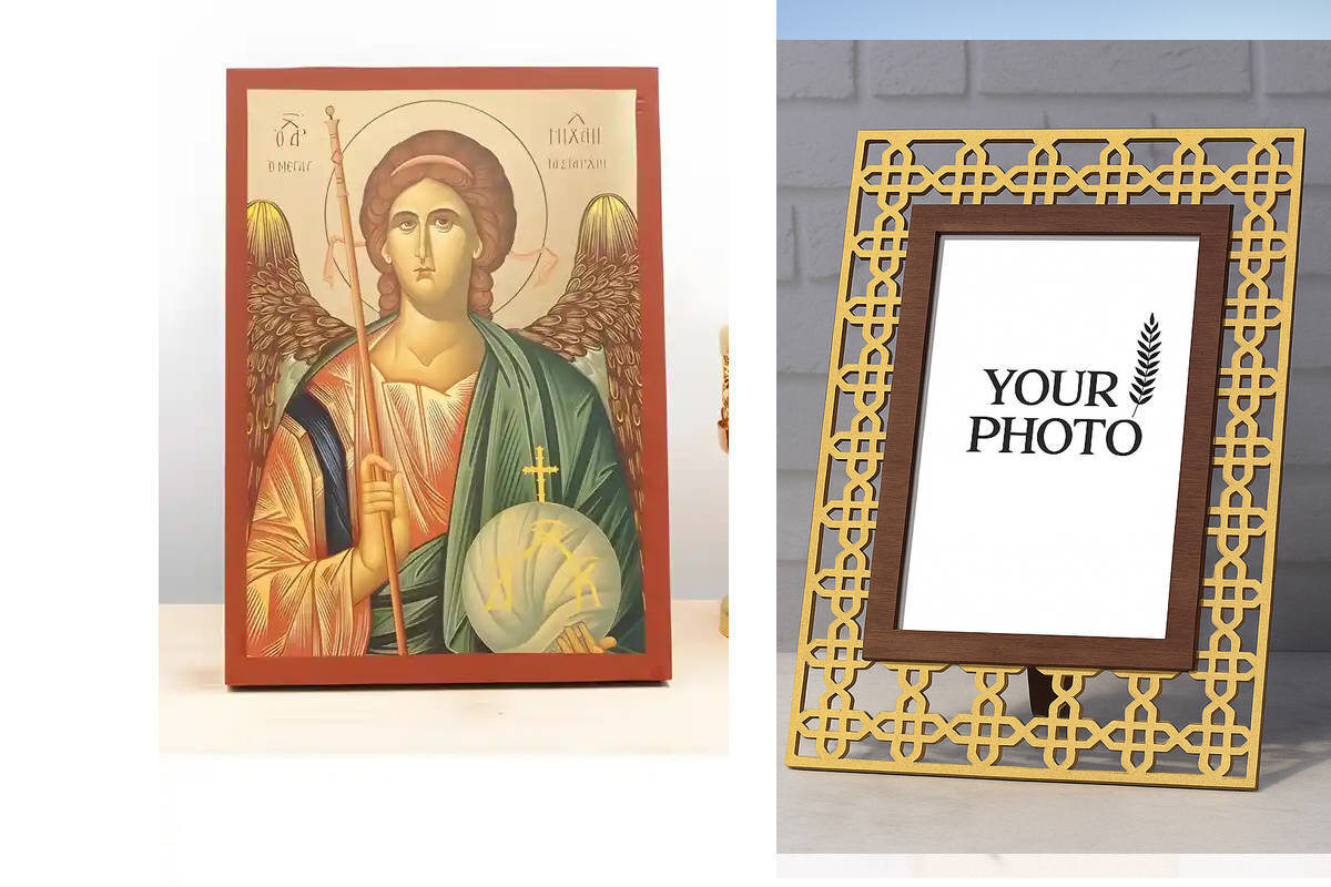 Εικόνα Ορθοδοξίας Πολυτελείας  με  σχεδιο Σταυρούς μαζι με  Βάση σε  8 χρώματα με περίγραμμα χρυσό σε ξύλο Plywood (Πλακάζ)   με  βάση Αρχάγγελος Μιχαήλ "Μέγας Ταξιάρξης", Ξύλινη Χειροποίητη Εικόνα με χρυσό φύλλο Ελληνικής Βυζαντινής τεχνοτροπίας Κρεμασμένη σε ξύλινη πλάκα Χειροποίητη Ελληνορθόδοξη εικόνα του Ιησού Χριστού, Κρεμαστή πλάκα βυζαντινής τέχνης, χριστιανική τέχνη Διάσταση 10x7 cm (3,9 x 2,8 ίντσες)  INTRAEK3kadro3211-11083