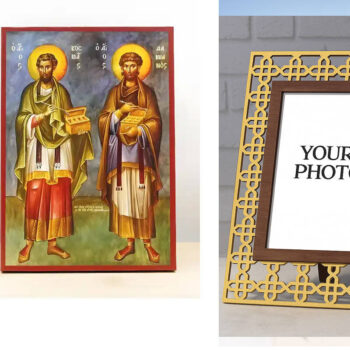 Εικόνα Ορθοδοξίας Πολυτελείας  με  σχεδιο Σταυρούς μαζι με  Βάση σε  8 χρώματα με περίγραμμα χρυσό σε ξύλο Plywood (Πλακάζ)   με  βάση Άγιοι Άγιοι Ανεργοφόροι Κοσμάς και Δαμιανός Γαλάζιος, Ξύλινη Χειροποίητη Εικόνα Ελληνικού Βυζαντινού Στυλ Κρεμαστή σε ξύλινη πλάκα Χειροποίητη Ελληνορθόδοξη εικόνα του Ιησού Χριστού, Κρεμαστή πλάκα βυζαντινής τέχνης, χριστιανική τέχνη Διάσταση 15x11 cm (5,9 x 4,3 ίντσες)  INTRAEK3kadro3211-611082 - Image 1