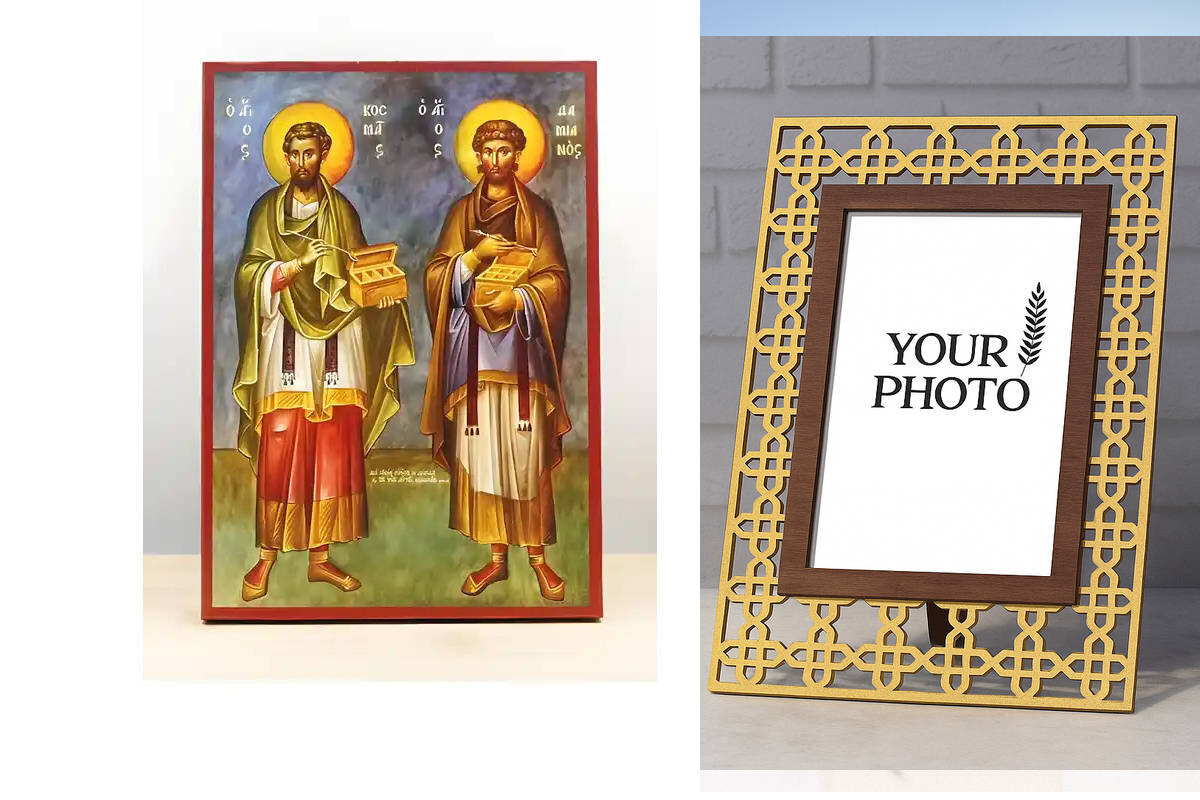 Εικόνα Ορθοδοξίας Πολυτελείας  με  σχεδιο Σταυρούς μαζι με  Βάση σε  8 χρώματα με περίγραμμα χρυσό σε ξύλο Plywood (Πλακάζ)   με  βάση Άγιοι Άγιοι Ανεργοφόροι Κοσμάς και Δαμιανός Γαλάζιος, Ξύλινη Χειροποίητη Εικόνα Ελληνικού Βυζαντινού Στυλ Κρεμαστή σε ξύλινη πλάκα Χειροποίητη Ελληνορθόδοξη εικόνα του Ιησού Χριστού, Κρεμαστή πλάκα βυζαντινής τέχνης, χριστιανική τέχνη Διάσταση 10x7 cm (3,9 x 2,8 ίντσες)  INTRAEK3kadro3211-11082