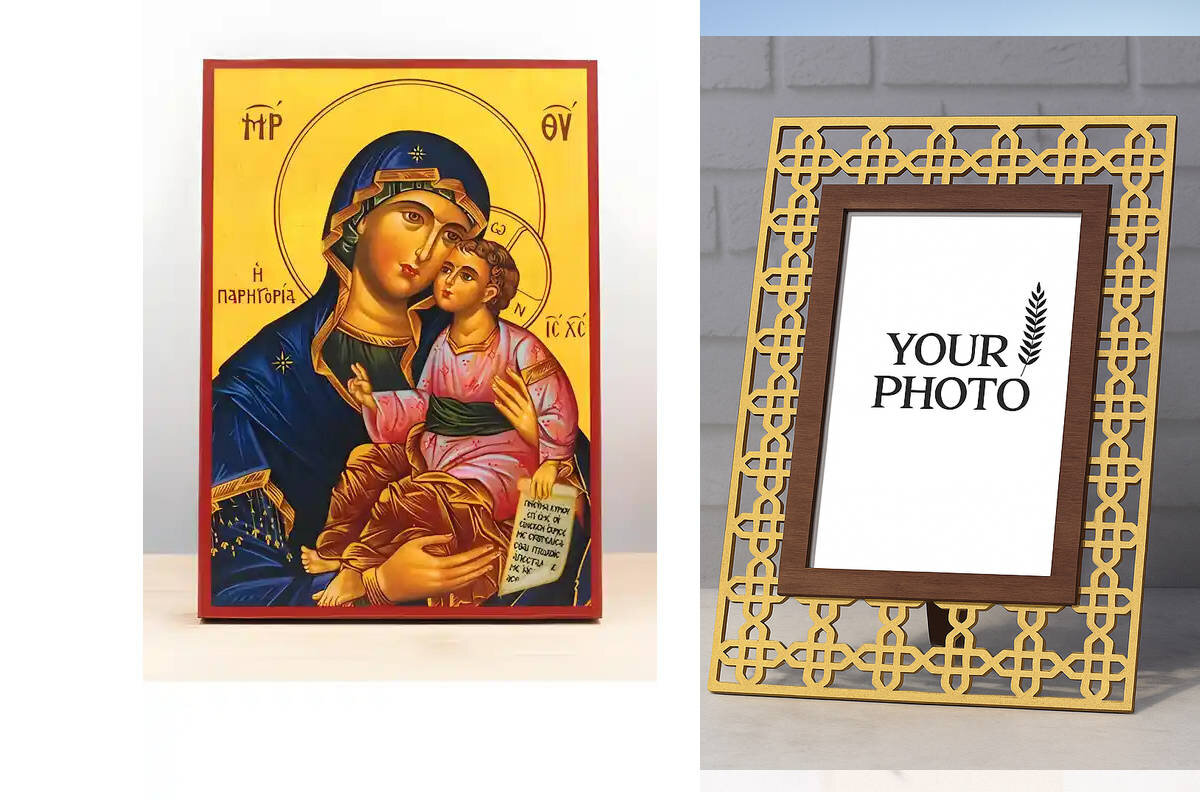 Εικόνα Ορθοδοξίας Πολυτελείας  με  σχεδιο Σταυρούς μαζι με  Βάση σε  8 χρώματα με περίγραμμα χρυσό σε ξύλο Plywood (Πλακάζ)   με  βάση Παναγία Γλυκό φιλί την Παρηγοριά με τον Ιησού, Ξύλινη Χειροποίητη Εικόνα Ελληνικού Βυζαντινού Στυλ υψηλών προδιαγραφών τοίχου Κρεμασμένη σε ξύλινη πλάκα Χειροποίητη Ελληνορθόδοξη εικόνα του Ιησού Χριστού, Κρεμαστή πλάκα βυζαντινής τέχνης, χριστιανική τέχνη Διάσταση 10x7 cm (3,9 x 2,8 ίντσες)  INTRAEK3kadro3211-11075