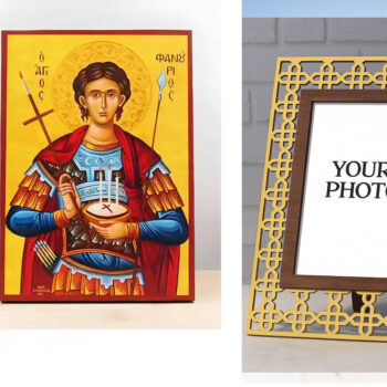 Εικόνα Ορθοδοξίας Πολυτελείας  με  σχεδιο Σταυρούς μαζι με  Βάση σε  8 χρώματα με περίγραμμα χρυσό σε ξύλο Plywood (Πλακάζ)   με  βάση Ο Άγιος Φανούριος κρατά τη Φανουρόπιτα “Lost and Found Cake”, Ξύλινη Χειροποίητη Εικόνα Ελληνικής Premium Βυζαντινού Στυλ Κρεμασμένη σε ξύλινη πλάκα Χειροποίητη Ελληνορθόδοξη εικόνα του Ιησού Χριστού, Κρεμαστή πλάκα βυζαντινής τέχνης, χριστιανική τέχνη Διάσταση 15x11 cm (5,9 x 4,3 ίντσες)  INTRAEK3kadro3211-611074 - Image 1