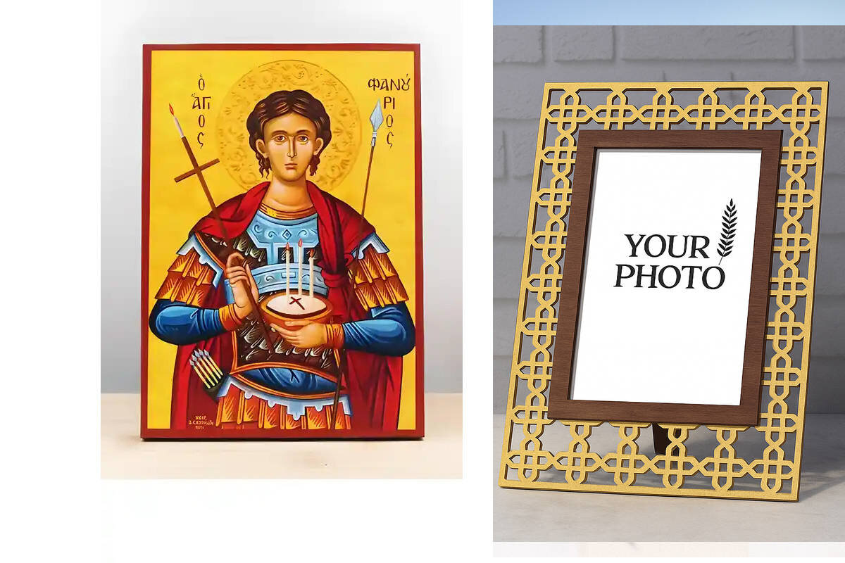 Εικόνα Ορθοδοξίας Πολυτελείας  με  σχεδιο Σταυρούς μαζι με  Βάση σε  8 χρώματα με περίγραμμα χρυσό σε ξύλο Plywood (Πλακάζ)   με  βάση Ο Άγιος Φανούριος κρατά τη Φανουρόπιτα “Lost and Found Cake”, Ξύλινη Χειροποίητη Εικόνα Ελληνικής Premium Βυζαντινού Στυλ Κρεμασμένη σε ξύλινη πλάκα Χειροποίητη Ελληνορθόδοξη εικόνα του Ιησού Χριστού, Κρεμαστή πλάκα βυζαντινής τέχνης, χριστιανική τέχνη Διάσταση 10x7 cm (3,9 x 2,8 ίντσες)  INTRAEK3kadro3211-11074