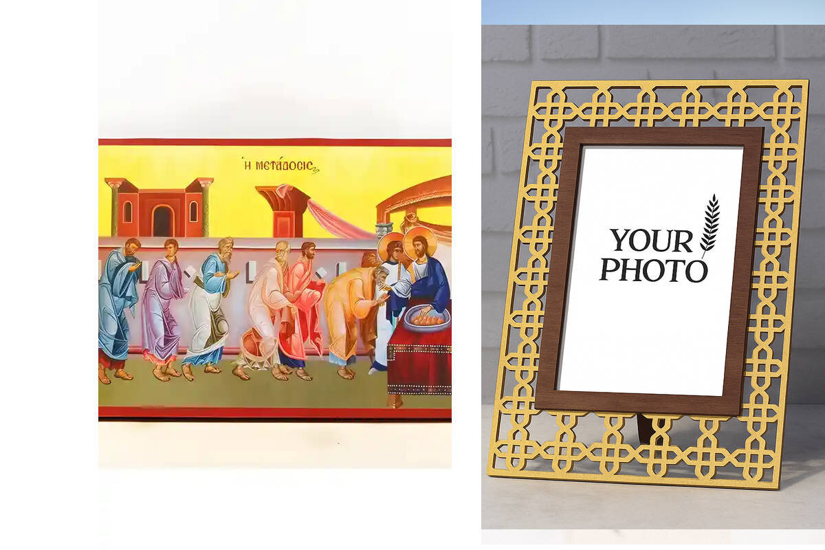 Εικόνα Ορθοδοξίας Πολυτελείας  με  σχεδιο Σταυρούς μαζι με  Βάση σε  8 χρώματα με περίγραμμα χρυσό σε ξύλο Plywood (Πλακάζ)   με  βάση Ευχαριστιακή Κοινωνία του Σώματος του Ιησού Χριστού Μεταδόση, Ξύλινη Χειροποίητη Εικόνα Ελληνικής Premium Βυζαντινής τεχνοτροπίας Κρεμασμένη σε ξύλινη πλάκα Χειροποίητη Ελληνορθόδοξη εικόνα του Ιησού Χριστού, Κρεμαστή πλάκα βυζαντινής τέχνης, χριστιανική τέχνη Διάσταση 10x7 cm (3,9 x 2,8 ίντσες)  INTRAEK3kadro3211-11073