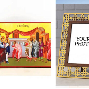 Εικόνα Ορθοδοξίας Πολυτελείας  με  σχεδιο Σταυρούς μαζι με  Βάση σε  8 χρώματα με περίγραμμα χρυσό σε ξύλο Plywood (Πλακάζ)   με  βάση Ευχαριστιακή Κοινωνία του Αίματος του Ιησού Χριστού Μετάληψη, Ξύλινη Χειροποίητη Εικόνα Ελληνικής Premium Βυζαντινής τεχνοτροπίας Κρεμασμένη σε ξύλινη πλάκα Χειροποίητη Ελληνορθόδοξη εικόνα του Ιησού Χριστού, Κρεμαστή πλάκα βυζαντινής τέχνης, χριστιανική τέχνη Διάσταση 15x11 cm (5,9 x 4,3 ίντσες)  INTRAEK3kadro3211-611072 - Image 1