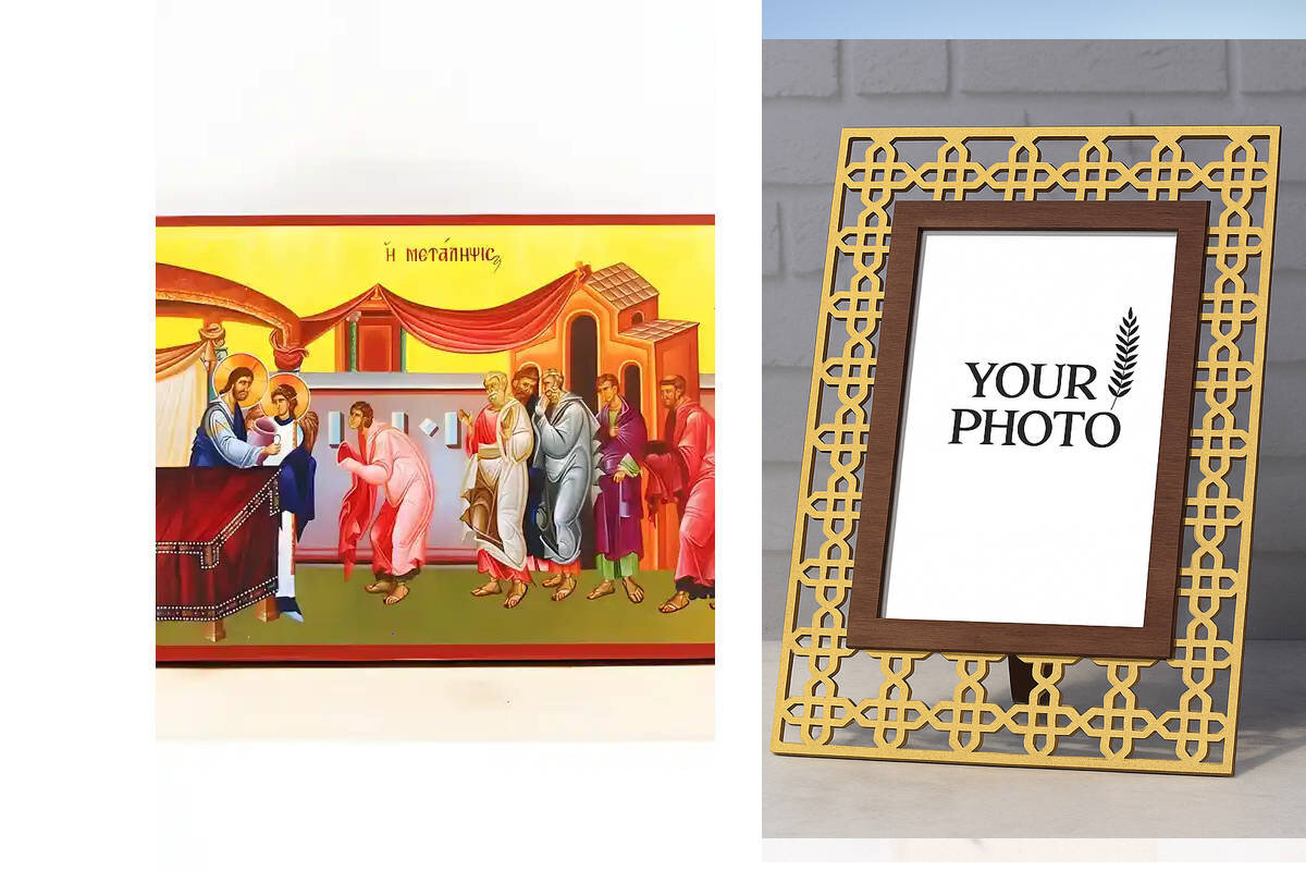 Εικόνα Ορθοδοξίας Πολυτελείας  με  σχεδιο Σταυρούς μαζι με  Βάση σε  8 χρώματα με περίγραμμα χρυσό σε ξύλο Plywood (Πλακάζ)   με  βάση Ευχαριστιακή Κοινωνία του Αίματος του Ιησού Χριστού Μετάληψη, Ξύλινη Χειροποίητη Εικόνα Ελληνικής Premium Βυζαντινής τεχνοτροπίας Κρεμασμένη σε ξύλινη πλάκα Χειροποίητη Ελληνορθόδοξη εικόνα του Ιησού Χριστού, Κρεμαστή πλάκα βυζαντινής τέχνης, χριστιανική τέχνη Διάσταση 10x7 cm (3,9 x 2,8 ίντσες)  INTRAEK3kadro3211-11072