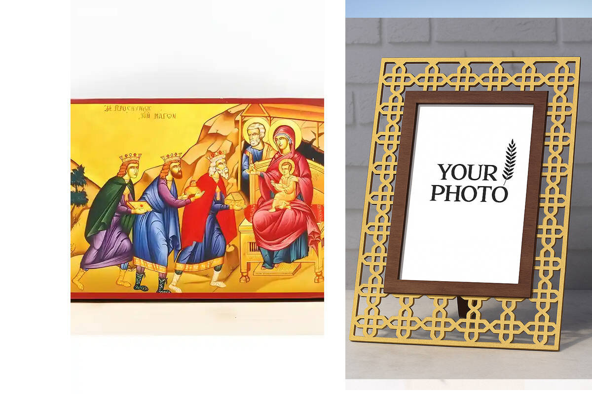 Εικόνα Ορθοδοξίας Πολυτελείας  με  σχεδιο Σταυρούς μαζι με  Βάση σε  8 χρώματα με περίγραμμα χρυσό σε ξύλο Plywood (Πλακάζ)   με  βάση Ο Ιησούς Χριστός Προσκύνηση των Μάγων, Ξύλινη Χειροποίητη Εικόνα Ελληνικής Premium Βυζαντινού Στυλ τοίχου Κρεμασμένη σε ξύλινη πλάκα Ορθόδοξο θρησκευτικό θέμα Χειροποίητη Ελληνορθόδοξη εικόνα του Ιησού Χριστού, Κρεμαστή πλάκα βυζαντινής τέχνης, χριστιανική τέχνη Διάσταση 10x7 cm (3,9 x 2,8 ίντσες)  INTRAEK3kadro3211-11071