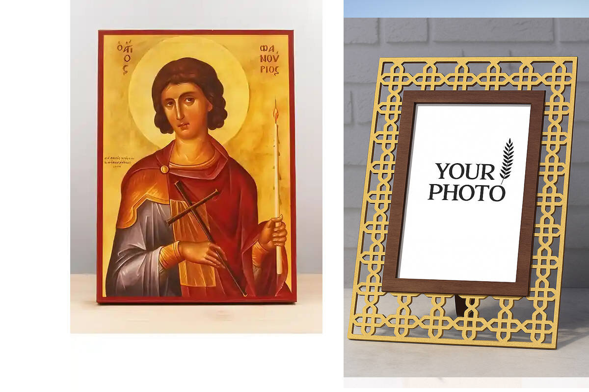 Εικόνα Ορθοδοξίας Πολυτελείας  με  σχεδιο Σταυρούς μαζι με  Βάση σε  8 χρώματα με περίγραμμα χρυσό σε ξύλο Plywood (Πλακάζ)   με  βάση Άγιος Φανούριος ο Νεοφανής, Ξύλινη Χειροποίητη Εικόνα Ελληνικής Κορυφαίας Βυζαντινής Στυλ Κρεμασμένη σε ξύλινη πλάκα Χειροποίητη Ελληνορθόδοξη εικόνα του Ιησού Χριστού, Κρεμαστή πλάκα βυζαντινής τέχνης, χριστιανική τέχνη Διάσταση 10x7 cm (3,9 x 2,8 ίντσες)  INTRAEK3kadro3211-11069