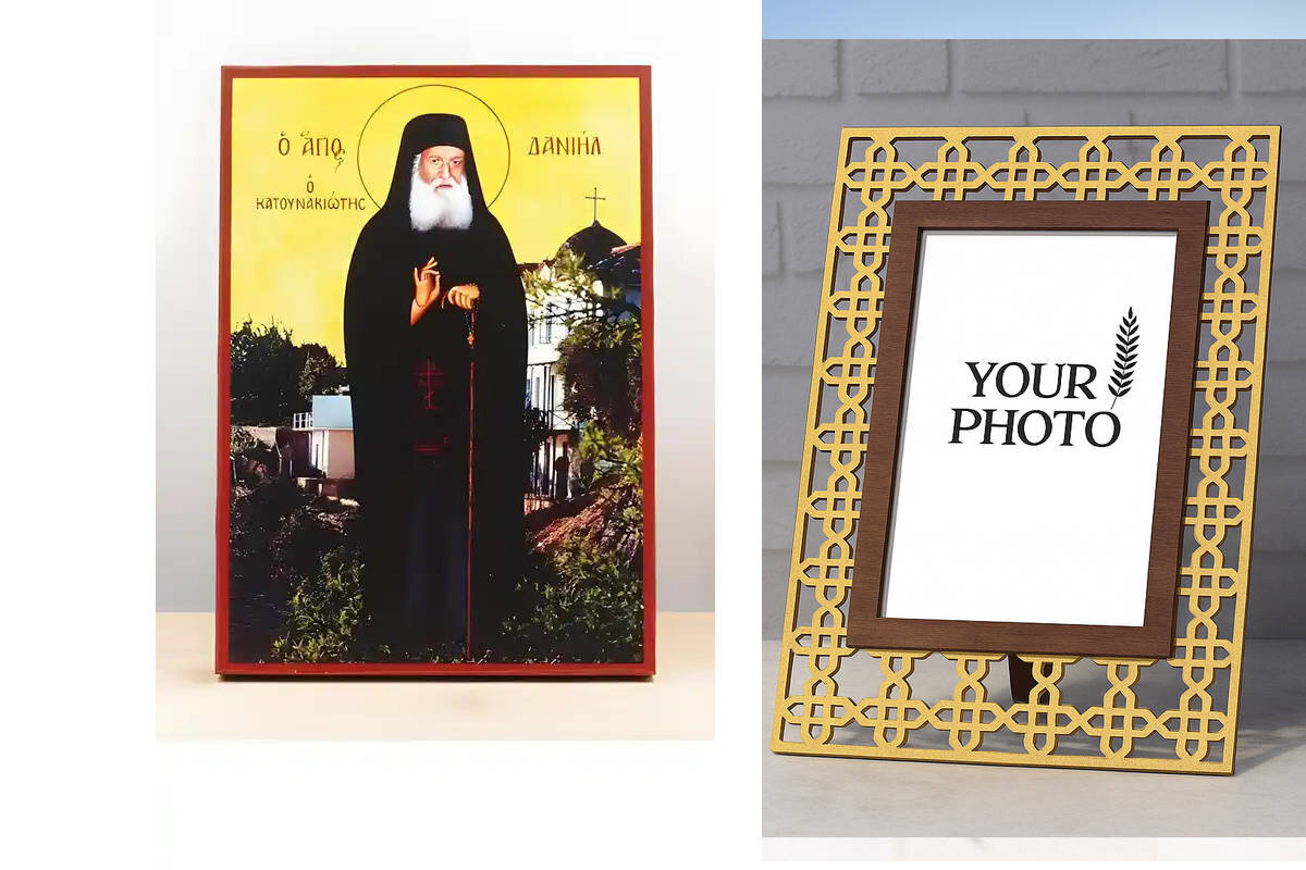 Εικόνα Ορθοδοξίας Πολυτελείας  με  σχεδιο Σταυρούς μαζι με  Βάση σε  8 χρώματα με περίγραμμα χρυσό σε ξύλο Plywood (Πλακάζ)   με  βάση Άγιος Δανιήλ Κατουνακιώτης Σμύρνης, Ξύλινη Χειροποίητη Εικόνα Ελληνικού Βυζαντινού Στυλ Κρεμαστή σε ξύλινη πλάκα Θρησκευτικό Θέμα Χειροποίητη Ελληνορθόδοξη εικόνα του Ιησού Χριστού, Κρεμαστή πλάκα βυζαντινής τέχνης, χριστιανική τέχνη Διάσταση 10x7 cm (3,9 x 2,8 ίντσες)  INTRAEK3kadro3211-11068