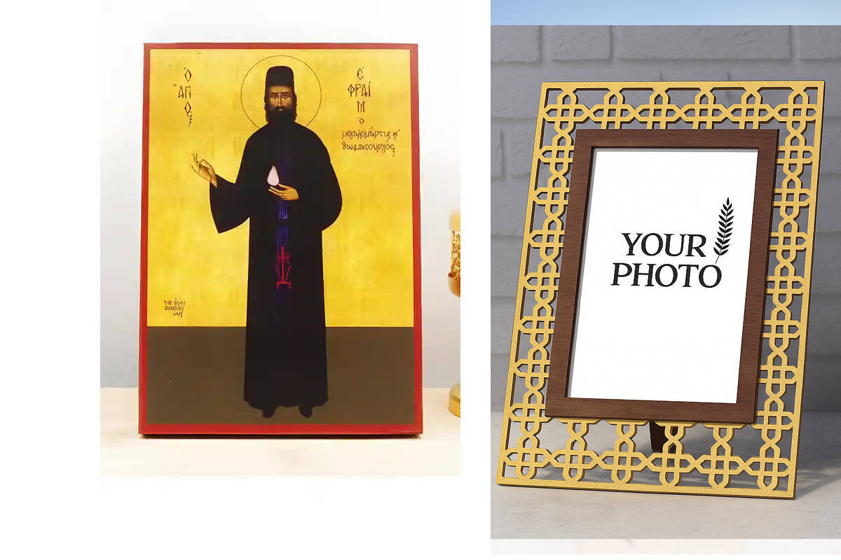 Εικόνα Ορθοδοξίας Πολυτελείας  με  σχεδιο Σταυρούς μαζι με  Βάση σε  8 χρώματα με περίγραμμα χρυσό σε ξύλο Plywood (Πλακάζ)   με  βάση Άγιος Εφραίμ Νέας Μάκρης ο Νεομάρτυς Ολόσωμος, Ξύλινη Χειροποίητη Εικόνα Ελληνικής Βυζαντινής Τεχνοτροπίας Κρεμαστή σε ξύλινη πλάκα Χειροποίητη Ελληνορθόδοξη εικόνα του Ιησού Χριστού, Κρεμαστή πλάκα βυζαντινής τέχνης, χριστιανική τέχνη Διάσταση 10x7 cm (3,9 x 2,8 ίντσες)  INTRAEK3kadro3211-11067