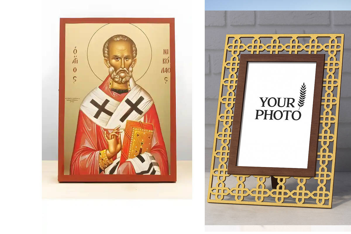 Εικόνα Ορθοδοξίας Πολυτελείας  με  σχεδιο Σταυρούς μαζι με  Βάση σε  8 χρώματα με περίγραμμα χρυσό σε ξύλο Plywood (Πλακάζ)   με  βάση Άγιος Νικόλαος των Μύρων, Ξύλινη Χειροποίητη Εικόνα με Φύλλο Χρυσού Θρησκευτικό Θέμα Ελληνικού Premium Βυζαντινού Στυλ Χειροποίητη Ελληνορθόδοξη εικόνα του Ιησού Χριστού, Κρεμαστή πλάκα βυζαντινής τέχνης, χριστιανική τέχνη Διάσταση 10x7 cm (3,9 x 2,8 ίντσες)  INTRAEK3kadro3211-11063