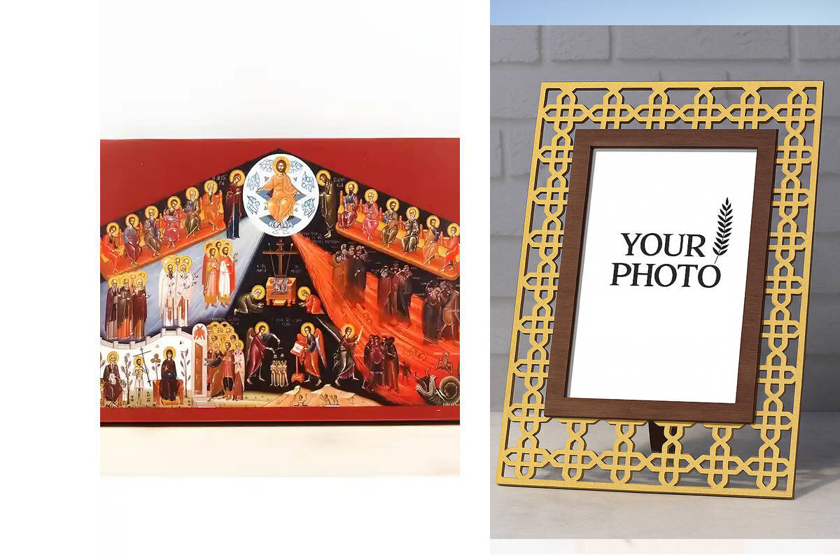 Εικόνα Ορθοδοξίας Πολυτελείας  με  σχεδιο Σταυρούς μαζι με  Βάση σε  8 χρώματα με περίγραμμα χρυσό σε ξύλο Plywood (Πλακάζ)   με  βάση The Last Judgment, Ξύλινη Χειροποίητη Εικόνα Ελληνικού Premium Βυζαντινού Στυλ Κρεμασμένο σε ξύλινη πλάκα Θρησκευτικό θέμα Χειροποίητη Ελληνορθόδοξη εικόνα του Ιησού Χριστού, Κρεμαστή πλάκα βυζαντινής τέχνης, χριστιανική τέχνη Διάσταση 10x7 cm (3,9 x 2,8 ίντσες)  INTRAEK3kadro3211-11062