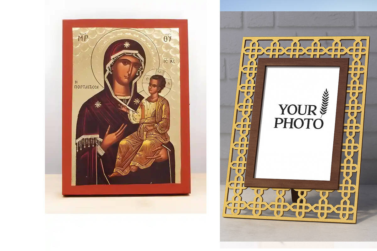 Εικόνα Ορθοδοξίας Πολυτελείας  με  σχεδιο Σταυρούς μαζι με  Βάση σε  8 χρώματα με περίγραμμα χρυσό σε ξύλο Plywood (Πλακάζ)   με  βάση Παναγία Οδηγήτρια με τον Ιησού, Ξύλινη Χειροποίητη Εικόνα με  ψηφιακή εκτύπωση Χαρακτικό Ελληνικού Βυζαντινού Στυλ Τοίχου Κρεμασμένο σε ξύλινη πλάκα Χειροποίητη Ελληνορθόδοξη εικόνα του Ιησού Χριστού, Κρεμαστή πλάκα βυζαντινής τέχνης, χριστιανική τέχνη Διάσταση 10x7 cm (3,9 x 2,8 ίντσες)  INTRAEK3kadro3211-11060