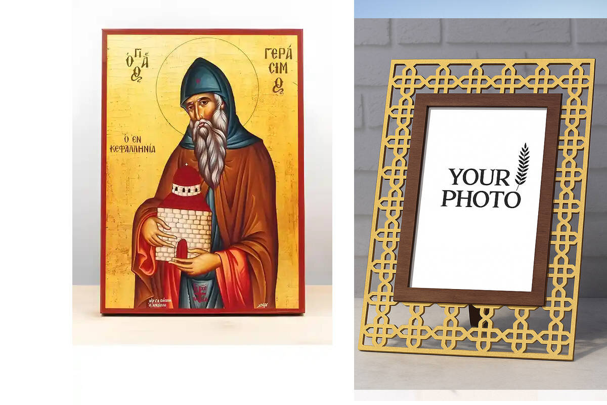 Εικόνα Ορθοδοξίας Πολυτελείας  με  σχεδιο Σταυρούς μαζι με  Βάση σε  8 χρώματα με περίγραμμα χρυσό σε ξύλο Plywood (Πλακάζ)   με  βάση Άγιος Γεράσιμος Κεφαλονιάς, Ξύλινη Χειροποίητη Εικόνα Ελληνικού Βυζαντινού Στυλ Κρεμαστή σε ξύλινη πλάκα Θρησκευτικό θέμα Χειροποίητη Ελληνορθόδοξη εικόνα του Ιησού Χριστού, Κρεμαστή πλάκα βυζαντινής τέχνης, χριστιανική τέχνη Διάσταση 15x11 cm (5,9 x 4,3 ίντσες)  INTRAEK3kadro3211-611058