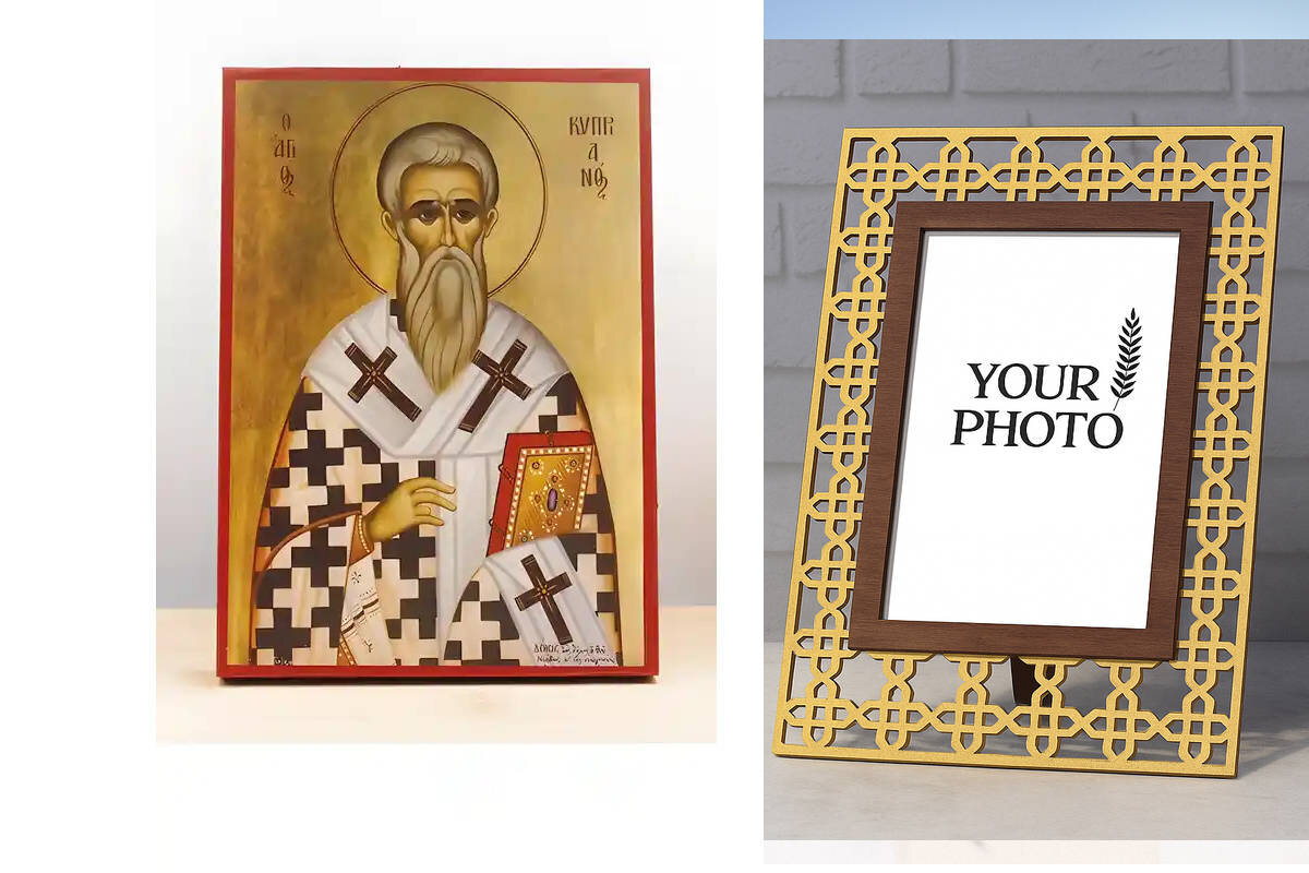 Εικόνα Ορθοδοξίας Πολυτελείας  με  σχεδιο Σταυρούς μαζι με  Βάση σε  8 χρώματα με περίγραμμα χρυσό σε ξύλο Plywood (Πλακάζ)   με  βάση Άγιος Κύπριος «Κυπριανός», Ξύλινη Χειροποίητη Εικόνα Ελληνικού Βυζαντινού Στυλ Κρεμαστή σε ξύλινη πλάκα Χειροποίητη Ελληνορθόδοξη εικόνα του Ιησού Χριστού, Κρεμαστή πλάκα βυζαντινής τέχνης, χριστιανική τέχνη Διάσταση 10x7 cm (3,9 x 2,8 ίντσες)  INTRAEK3kadro3211-11057