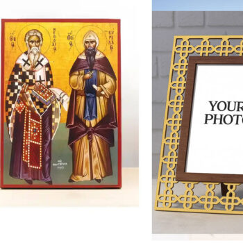 Εικόνα Ορθοδοξίας Πολυτελείας  με  σχεδιο Σταυρούς μαζι με  Βάση σε  8 χρώματα με περίγραμμα χρυσό σε ξύλο Plywood (Πλακάζ)   με  βάση Άγιοι Κύριλλος και Μεθόδιος, Ξύλινη Χειροποίητη Εικόνα Ελληνικού Βυζαντινού Στυλ Κρεμαστή σε ξύλινη πλάκα Χειροποίητη Ελληνορθόδοξη εικόνα του Ιησού Χριστού, Κρεμαστή πλάκα βυζαντινής τέχνης, χριστιανική τέχνη Διάσταση 15x11 cm (5,9 x 4,3 ίντσες)  INTRAEK3kadro3211-611056 - Image 1