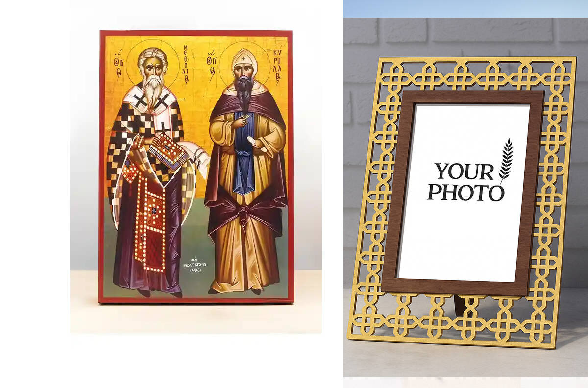 Εικόνα Ορθοδοξίας Πολυτελείας  με  σχεδιο Σταυρούς μαζι με  Βάση σε  8 χρώματα με περίγραμμα χρυσό σε ξύλο Plywood (Πλακάζ)   με  βάση Άγιοι Κύριλλος και Μεθόδιος, Ξύλινη Χειροποίητη Εικόνα Ελληνικού Βυζαντινού Στυλ Κρεμαστή σε ξύλινη πλάκα Χειροποίητη Ελληνορθόδοξη εικόνα του Ιησού Χριστού, Κρεμαστή πλάκα βυζαντινής τέχνης, χριστιανική τέχνη Διάσταση 10x7 cm (3,9 x 2,8 ίντσες)  INTRAEK3kadro3211-11056