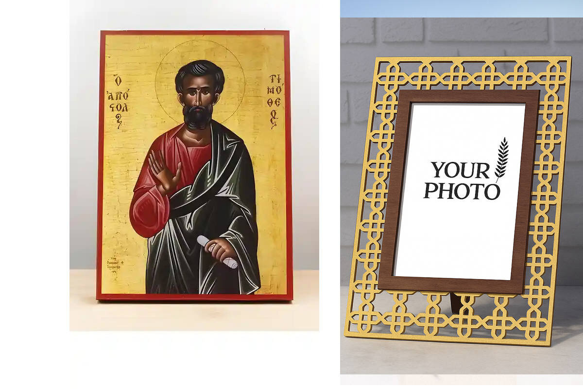 Εικόνα Ορθοδοξίας Πολυτελείας  με  σχεδιο Σταυρούς μαζι με  Βάση σε  8 χρώματα με περίγραμμα χρυσό σε ξύλο Plywood (Πλακάζ)   με  βάση Άγιος Απόστολος Τιμόθεος, Ξύλινη Χειροποίητη Εικόνα Ελληνικής Premium Βυζαντινού Στυλ Κρεμαστή σε ξύλινη πλάκα Θρησκευτικό θέμα Χειροποίητη Ελληνορθόδοξη εικόνα του Ιησού Χριστού, Κρεμαστή πλάκα βυζαντινής τέχνης, χριστιανική τέχνη Διάσταση 10x7 cm (3,9 x 2,8 ίντσες)  INTRAEK3kadro3211-11054