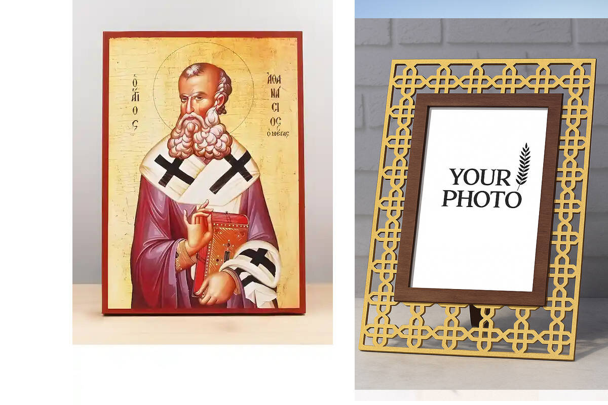 Εικόνα Ορθοδοξίας Πολυτελείας  με  σχεδιο Σταυρούς μαζι με  Βάση σε  8 χρώματα με περίγραμμα χρυσό σε ξύλο Plywood (Πλακάζ)   με  βάση Άγιος Αθανάσιος Αλεξανδρείας, Ξύλινη Χειροποίητη Εικόνα Ελληνικού Βυζαντινού Στυλ Κρεμασμένη σε ξύλινη πλάκα Χειροποίητη Ελληνορθόδοξη εικόνα του Ιησού Χριστού, Κρεμαστή πλάκα βυζαντινής τέχνης, χριστιανική τέχνη Διάσταση 10x7 cm (3,9 x 2,8 ίντσες)  INTRAEK3kadro3211-11053