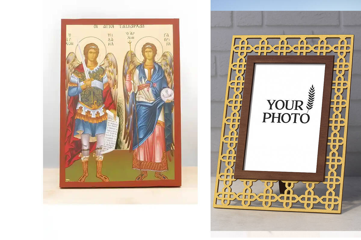 Εικόνα Ορθοδοξίας Πολυτελείας  με  σχεδιο Σταυρούς μαζι με  Βάση σε  8 χρώματα με περίγραμμα χρυσό σε ξύλο Plywood (Πλακάζ)   με  βάση Αρχάγγελοι Μιχαήλ και Γαβριήλ «Ταξιάρχες», Ξύλινη Χειροποίητη Εικόνα με χρυσό φύλλο Ελληνικής Βυζαντινής τεχνοτροπίας Κρεμασμένη σε ξύλινη πλάκα Χειροποίητη Ελληνορθόδοξη εικόνα του Ιησού Χριστού, Κρεμαστή πλάκα βυζαντινής τέχνης, χριστιανική τέχνη Διάσταση 10x7 cm (3,9 x 2,8 ίντσες)  INTRAEK3kadro3211-11052