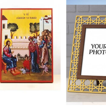 Εικόνα Ορθοδοξίας Πολυτελείας  με  σχεδιο Σταυρούς μαζι με  Βάση σε  8 χρώματα με περίγραμμα χρυσό σε ξύλο Plywood (Πλακάζ)   με  βάση Ο Ιησούς Χριστός Ευλογεί τα Παιδιά, Ξύλινη Χειροποίητη Εικόνα Ελληνικού Premium Βυζαντινού Στυλ Κρεμασμένο σε ξύλινη πλάκα Ορθόδοξο Θρησκευτικό Θέμα Χειροποίητη Ελληνορθόδοξη εικόνα του Ιησού Χριστού, Κρεμαστή πλάκα βυζαντινής τέχνης, χριστιανική τέχνη Διάσταση 10x7 cm (3,9 x 2,8 ίντσες)  INTRAEK3kadro3211-11051 - Image 1