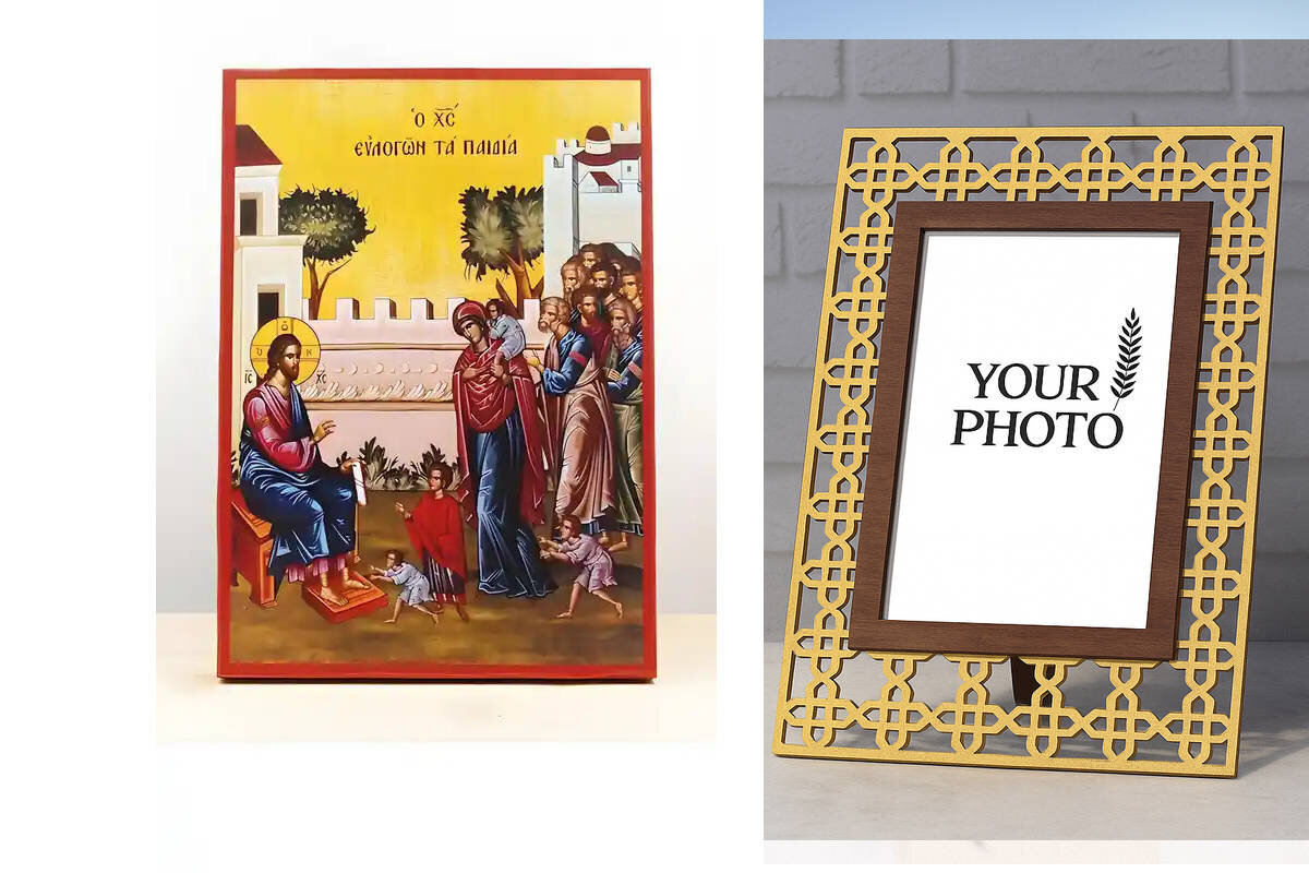 Εικόνα Ορθοδοξίας Πολυτελείας  με  σχεδιο Σταυρούς μαζι με  Βάση σε  8 χρώματα με περίγραμμα χρυσό σε ξύλο Plywood (Πλακάζ)   με  βάση Ο Ιησούς Χριστός Ευλογεί τα Παιδιά, Ξύλινη Χειροποίητη Εικόνα Ελληνικού Premium Βυζαντινού Στυλ Κρεμασμένο σε ξύλινη πλάκα Ορθόδοξο Θρησκευτικό Θέμα Χειροποίητη Ελληνορθόδοξη εικόνα του Ιησού Χριστού, Κρεμαστή πλάκα βυζαντινής τέχνης, χριστιανική τέχνη Διάσταση 10x7 cm (3,9 x 2,8 ίντσες)  INTRAEK3kadro3211-11051