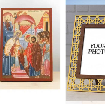 Εικόνα Ορθοδοξίας Πολυτελείας  με  σχεδιο Σταυρούς μαζι με  Βάση σε  8 χρώματα με περίγραμμα χρυσό σε ξύλο Plywood (Πλακάζ)   με  βάση Η είσοδος της Παναγίας στο Ναό, Ξύλινη Χειροποίητη Εικόνα με Φύλλο Χρυσού Ελληνικού Premium Βυζαντινού Στυλ Κρεμαστό τοίχου Θρησκευτικό Θέμα Χειροποίητη Ελληνορθόδοξη εικόνα του Ιησού Χριστού, Κρεμαστή πλάκα βυζαντινής τέχνης, χριστιανική τέχνη Διάσταση 15x11 cm (5,9 x 4,3 ίντσες)  INTRAEK3kadro3211-611046 - Image 1