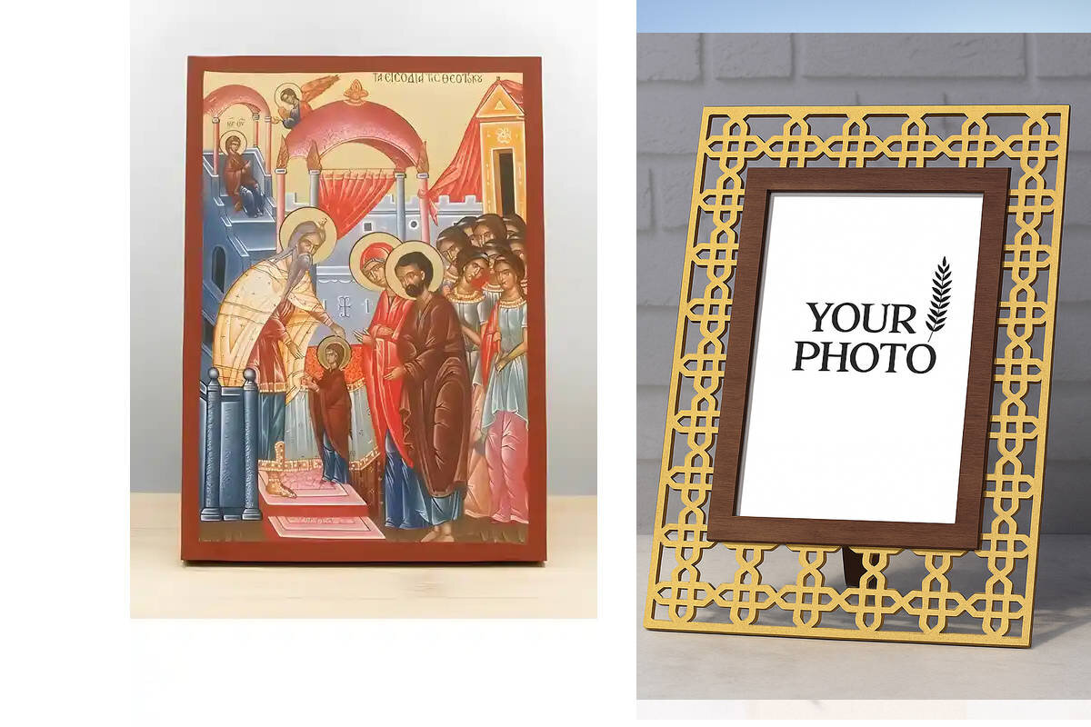 Εικόνα Ορθοδοξίας Πολυτελείας  με  σχεδιο Σταυρούς μαζι με  Βάση σε  8 χρώματα με περίγραμμα χρυσό σε ξύλο Plywood (Πλακάζ)   με  βάση Η είσοδος της Παναγίας στο Ναό, Ξύλινη Χειροποίητη Εικόνα με Φύλλο Χρυσού Ελληνικού Premium Βυζαντινού Στυλ Κρεμαστό τοίχου Θρησκευτικό Θέμα Χειροποίητη Ελληνορθόδοξη εικόνα του Ιησού Χριστού, Κρεμαστή πλάκα βυζαντινής τέχνης, χριστιανική τέχνη Διάσταση 10x7 cm (3,9 x 2,8 ίντσες)  INTRAEK3kadro3211-11046