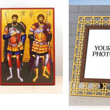 Εικόνα Ορθοδοξίας Πολυτελείας  με  σχεδιο Σταυρούς μαζι με  Βάση σε  8 χρώματα με περίγραμμα χρυσό σε ξύλο Plywood (Πλακάζ)   με  βάση Άγιοι Θεόδωρος Στρατηλάτης και Τήρων, Ξύλινη Χειροποίητη Εικόνα Ελληνικού Βυζαντινού Στυλ Κρεμαστή σε ξύλινη πλάκα Χειροποίητη Ελληνορθόδοξη εικόνα του Ιησού Χριστού, Κρεμαστή πλάκα βυζαντινής τέχνης, χριστιανική τέχνη Διάσταση 15x11 cm (5,9 x 4,3 ίντσες)  INTRAEK3kadro3211-611045 - Image 1