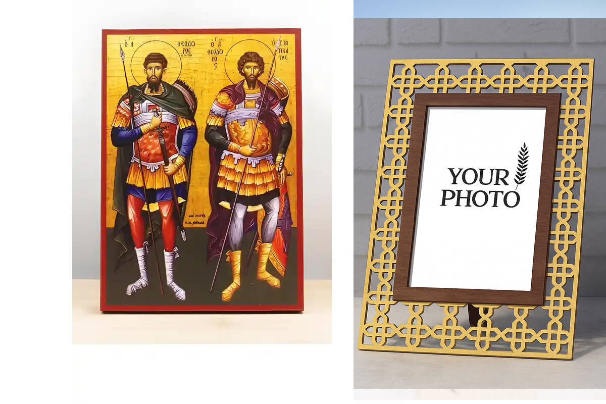 Εικόνα Ορθοδοξίας Πολυτελείας  με  σχεδιο Σταυρούς μαζι με  Βάση σε  8 χρώματα με περίγραμμα χρυσό σε ξύλο Plywood (Πλακάζ)   με  βάση Άγιοι Θεόδωρος Στρατηλάτης και Τήρων, Ξύλινη Χειροποίητη Εικόνα Ελληνικού Βυζαντινού Στυλ Κρεμαστή σε ξύλινη πλάκα Χειροποίητη Ελληνορθόδοξη εικόνα του Ιησού Χριστού, Κρεμαστή πλάκα βυζαντινής τέχνης, χριστιανική τέχνη Διάσταση 10x7 cm (3,9 x 2,8 ίντσες)  INTRAEK3kadro3211-11045