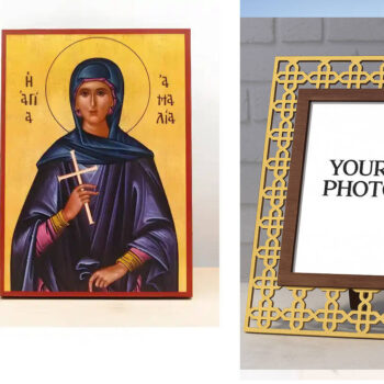 Εικόνα Ορθοδοξίας Πολυτελείας  με  σχεδιο Σταυρούς μαζι με  Βάση σε  8 χρώματα με περίγραμμα χρυσό σε ξύλο Plywood (Πλακάζ)   με  βάση Αγία «Αμαλία» Αμαλβέργα του Maubeuge, Ξύλινη Χειροποίητη Εικόνα Ελληνικού Premium Βυζαντινού Στυλ Κρεμαστή σε ξύλινη πλάκα Θρησκευτικό θέμα Χειροποίητη Ελληνορθόδοξη εικόνα του Ιησού Χριστού, Κρεμαστή πλάκα βυζαντινής τέχνης, χριστιανική τέχνη Διάσταση 10x7 cm (3,9 x 2,8 ίντσες)  INTRAEK3kadro3211-11044 - Image 1