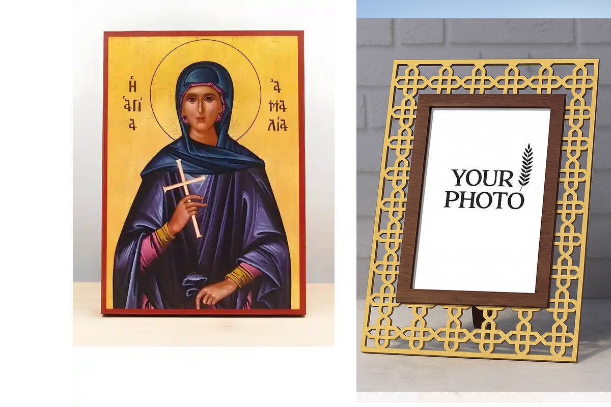 Εικόνα Ορθοδοξίας Πολυτελείας  με  σχεδιο Σταυρούς μαζι με  Βάση σε  8 χρώματα με περίγραμμα χρυσό σε ξύλο Plywood (Πλακάζ)   με  βάση Αγία «Αμαλία» Αμαλβέργα του Maubeuge, Ξύλινη Χειροποίητη Εικόνα Ελληνικού Premium Βυζαντινού Στυλ Κρεμαστή σε ξύλινη πλάκα Θρησκευτικό θέμα Χειροποίητη Ελληνορθόδοξη εικόνα του Ιησού Χριστού, Κρεμαστή πλάκα βυζαντινής τέχνης, χριστιανική τέχνη Διάσταση 10x7 cm (3,9 x 2,8 ίντσες)  INTRAEK3kadro3211-11044