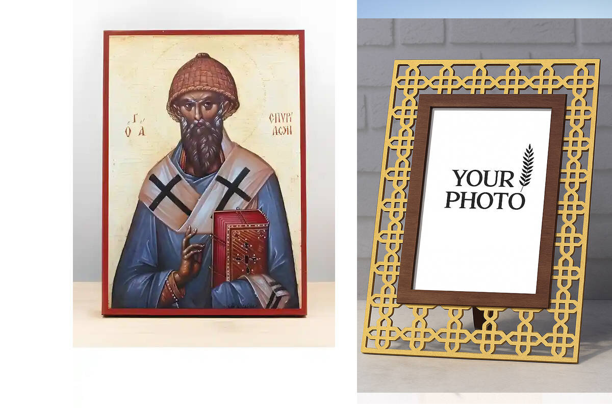 Εικόνα Ορθοδοξίας Πολυτελείας  με  σχεδιο Σταυρούς μαζι με  Βάση σε  8 χρώματα με περίγραμμα χρυσό σε ξύλο Plywood (Πλακάζ)   με  βάση Άγιος Σπυρίδων Κέρκυρας, Ξύλινη Χειροποίητη Εικόνα Ελληνικής Premium Βυζαντινού Στυλ Κρεμαστή σε ξύλινη πλάκα Θρησκευτικό θέμα Χειροποίητη Ελληνορθόδοξη εικόνα του Ιησού Χριστού, Κρεμαστή πλάκα βυζαντινής τέχνης, χριστιανική τέχνη Διάσταση 10x7 cm (3,9 x 2,8 ίντσες)  INTRAEK3kadro3211-11043