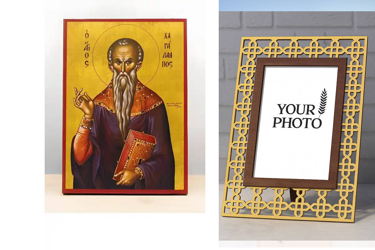 Εικόνα Ορθοδοξίας Πολυτελείας  με  σχεδιο Σταυρούς μαζι με  Βάση σε  8 χρώματα με περίγραμμα χρυσό σε ξύλο Plywood (Πλακάζ)   με  βάση Άγιος Χαράλαμπος, Ξύλινη Χειροποίητη Εικόνα Ελληνικού Premium Βυζαντινού Στυλ Κρεμαστή σε ξύλινη πλάκα Θρησκευτικό θέμα Χειροποίητη Ελληνορθόδοξη εικόνα του Ιησού Χριστού, Κρεμαστή πλάκα βυζαντινής τέχνης, χριστιανική τέχνη Διάσταση 10x7 cm (3,9 x 2,8 ίντσες)  INTRAEK3kadro3211-11042