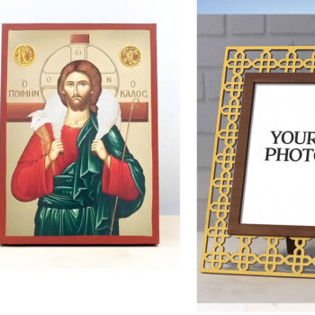 Εικόνα Ορθοδοξίας Πολυτελείας  με  σχεδιο Σταυρούς μαζι με  Βάση σε  8 χρώματα με περίγραμμα χρυσό σε ξύλο Plywood (Πλακάζ)   με  βάση Ιησούς Χριστός ο Καλός Ποιμένας, Ξύλινη Χειροποίητη Εικόνα με χρυσό φύλλο Ελληνικού Premium Βυζαντινού Στυλ Κρεμασμένο σε ξύλινη πλάκα Θρησκευτικό Θέμα Χειροποίητη Ελληνορθόδοξη εικόνα του Ιησού Χριστού, Κρεμαστή πλάκα βυζαντινής τέχνης, χριστιανική τέχνη Διάσταση 10x7 cm (3,9 x 2,8 ίντσες)  INTRAEK3kadro3211-11041 - Image 1