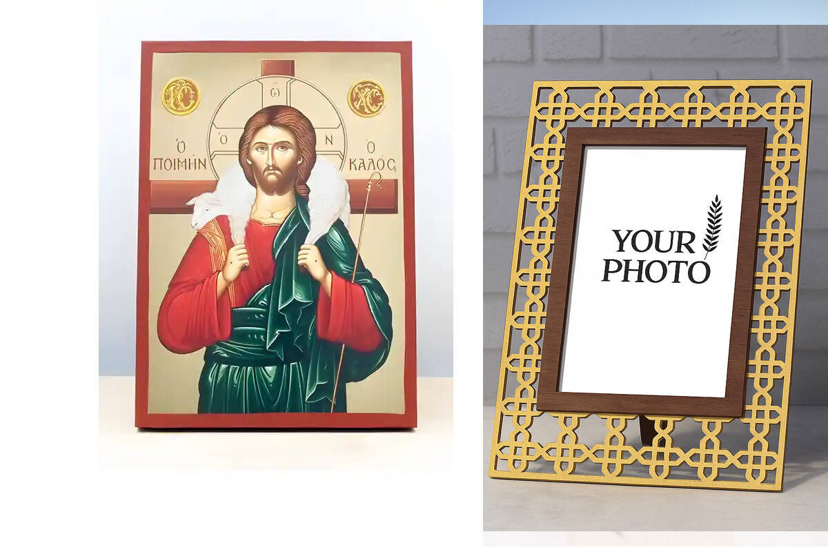 Εικόνα Ορθοδοξίας Πολυτελείας  με  σχεδιο Σταυρούς μαζι με  Βάση σε  8 χρώματα με περίγραμμα χρυσό σε ξύλο Plywood (Πλακάζ)   με  βάση Ιησούς Χριστός ο Καλός Ποιμένας, Ξύλινη Χειροποίητη Εικόνα με χρυσό φύλλο Ελληνικού Premium Βυζαντινού Στυλ Κρεμασμένο σε ξύλινη πλάκα Θρησκευτικό Θέμα Χειροποίητη Ελληνορθόδοξη εικόνα του Ιησού Χριστού, Κρεμαστή πλάκα βυζαντινής τέχνης, χριστιανική τέχνη Διάσταση 10x7 cm (3,9 x 2,8 ίντσες)  INTRAEK3kadro3211-11041