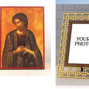 Εικόνα Ορθοδοξίας Πολυτελείας  με  σχεδιο Σταυρούς μαζι με  Βάση σε  8 χρώματα με περίγραμμα χρυσό σε ξύλο Plywood (Πλακάζ)   με  βάση Άγιος Ιάκωβος αδερφός του Ιησού, Ξύλινη Χειροποίητη Εικόνα Ελληνικού Premium Βυζαντινού Στυλ Κρεμασμένο σε ξύλινη πλάκα Θρησκευτικό θέμα Χειροποίητη Ελληνορθόδοξη εικόνα του Ιησού Χριστού, Κρεμαστή πλάκα βυζαντινής τέχνης, χριστιανική τέχνη Διάσταση 15x11 cm (5,9 x 4,3 ίντσες)  INTRAEK3kadro3211-611040 - Image 1