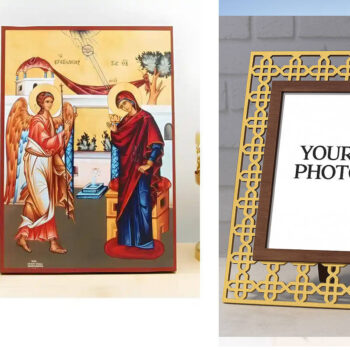 Εικόνα Ορθοδοξίας Πολυτελείας  με  σχεδιο Σταυρούς μαζι με  Βάση σε  8 χρώματα με περίγραμμα χρυσό σε ξύλο Plywood (Πλακάζ)   με  βάση Ο Ευαγγελισμός της Θεοτόκου, Ξύλινη Χειροποίητη Εικόνα Ελληνικού Premium Βυζαντινού Στυλ Κρεμαστή σε ξύλινη πλάκα Θρησκευτικό θέμα Χειροποίητη Ελληνορθόδοξη εικόνα του Ιησού Χριστού, Κρεμαστή πλάκα βυζαντινής τέχνης, χριστιανική τέχνη Διάσταση 15x11 cm (5,9 x 4,3 ίντσες)  INTRAEK3kadro3211-611039 - Image 1