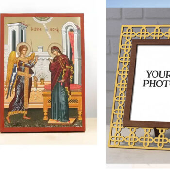 Εικόνα Ορθοδοξίας Πολυτελείας  με  σχεδιο Σταυρούς μαζι με  Βάση σε  8 χρώματα με περίγραμμα χρυσό σε ξύλο Plywood (Πλακάζ)   με  βάση Ευαγγελισμός της Θεοτόκου, Ξύλινη Χειροποίητη Εικόνα με Ψηφιακή Εκτύπωση Ελληνικό Premium Βυζαντινού Στυλ Κρεμαστό στον τοίχο Θρησκευτικό Θέμα Χειροποίητη Ελληνορθόδοξη εικόνα του Ιησού Χριστού, Κρεμαστή πλάκα βυζαντινής τέχνης, χριστιανική τέχνη Διάσταση 10x7 cm (3,9 x 2,8 ίντσες)  INTRAEK3kadro3211-11038 - Image 1