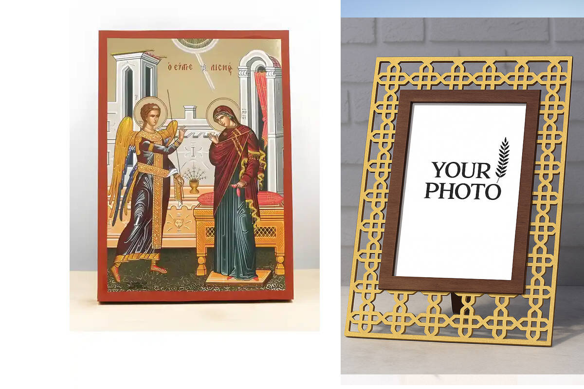 Εικόνα Ορθοδοξίας Πολυτελείας  με  σχεδιο Σταυρούς μαζι με  Βάση σε  8 χρώματα με περίγραμμα χρυσό σε ξύλο Plywood (Πλακάζ)   με  βάση Ευαγγελισμός της Θεοτόκου, Ξύλινη Χειροποίητη Εικόνα με Ψηφιακή Εκτύπωση Ελληνικό Premium Βυζαντινού Στυλ Κρεμαστό στον τοίχο Θρησκευτικό Θέμα Χειροποίητη Ελληνορθόδοξη εικόνα του Ιησού Χριστού, Κρεμαστή πλάκα βυζαντινής τέχνης, χριστιανική τέχνη Διάσταση 10x7 cm (3,9 x 2,8 ίντσες)  INTRAEK3kadro3211-11038