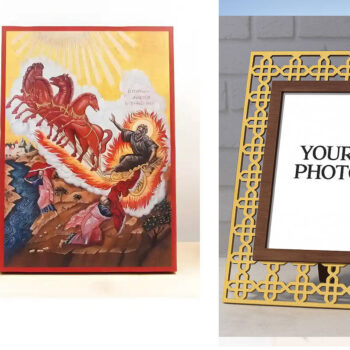 Εικόνα Ορθοδοξίας Πολυτελείας  με  σχεδιο Σταυρούς μαζι με  Βάση σε  8 χρώματα με περίγραμμα χρυσό σε ξύλο Plywood (Πλακάζ)   με  βάση Άγιος Προφήτης Ηλίας ή Ηλίας Ανάληψη στους Ουρανούς, Ξύλινη Χειροποίητη Εικόνα Ελληνικού Βυζαντινού Στυλ τοίχου Κρεμασμένη σε ξύλινη πλάκα Χειροποίητη Ελληνορθόδοξη εικόνα του Ιησού Χριστού, Κρεμαστή πλάκα βυζαντινής τέχνης, χριστιανική τέχνη Διάσταση 10x7 cm (3,9 x 2,8 ίντσες)  INTRAEK3kadro3211-11037 - Image 1