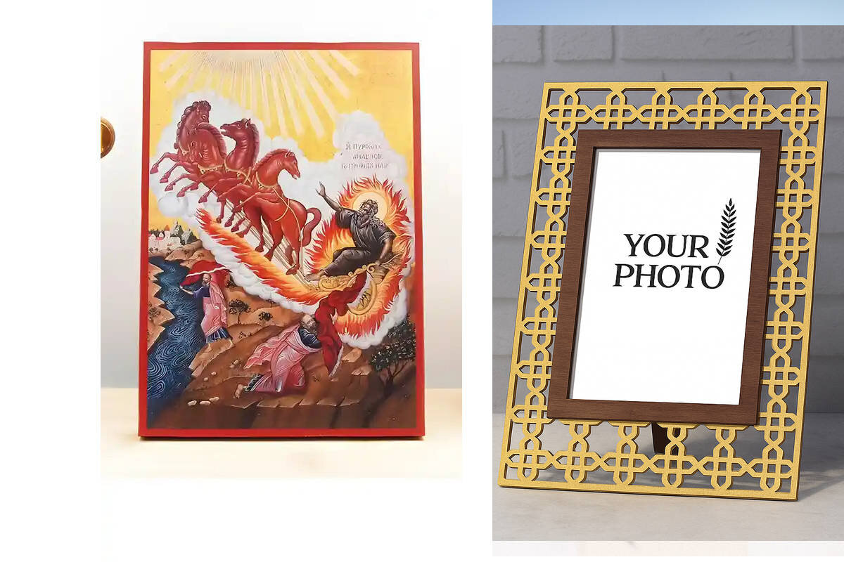 Εικόνα Ορθοδοξίας Πολυτελείας  με  σχεδιο Σταυρούς μαζι με  Βάση σε  8 χρώματα με περίγραμμα χρυσό σε ξύλο Plywood (Πλακάζ)   με  βάση Άγιος Προφήτης Ηλίας ή Ηλίας Ανάληψη στους Ουρανούς, Ξύλινη Χειροποίητη Εικόνα Ελληνικού Βυζαντινού Στυλ τοίχου Κρεμασμένη σε ξύλινη πλάκα Χειροποίητη Ελληνορθόδοξη εικόνα του Ιησού Χριστού, Κρεμαστή πλάκα βυζαντινής τέχνης, χριστιανική τέχνη Διάσταση 10x7 cm (3,9 x 2,8 ίντσες)  INTRAEK3kadro3211-11037