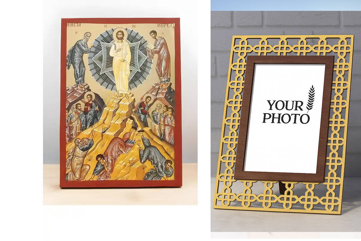 Εικόνα Ορθοδοξίας Πολυτελείας  με  σχεδιο Σταυρούς μαζι με  Βάση σε  8 χρώματα με περίγραμμα χρυσό σε ξύλο Plywood (Πλακάζ)   με  βάση Μεταμόρφωση του Ιησού Χριστού "Μεταμόρφωση", Ξύλινη Χειροποίητη Εικόνα με Φύλλο Χρυσού Ελληνικού Βυζαντινού Στυλ Κρεμαστή σε Ξυλόπλακα Χειροποίητη Ελληνορθόδοξη εικόνα του Ιησού Χριστού, Κρεμαστή πλάκα βυζαντινής τέχνης, χριστιανική τέχνη Διάσταση 10x7 cm (3,9 x 2,8 ίντσες)  INTRAEK3kadro3211-11036