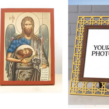 Εικόνα Ορθοδοξίας Πολυτελείας  με  σχεδιο Σταυρούς μαζι με  Βάση σε  8 χρώματα με περίγραμμα χρυσό σε ξύλο Plywood (Πλακάζ)   με  βάση Άγιος Ιωάννης ο Βαπτιστής, Ξύλινη χειροποίητη εικόνα με χρυσό φύλλο θρησκευτικό θέμα Ελληνικό Premium Βυζαντινού ύφους Χειροποίητη Ελληνορθόδοξη εικόνα του Ιησού Χριστού, Κρεμαστή πλάκα βυζαντινής τέχνης, χριστιανική τέχνη Διάσταση 15x11 cm (5,9 x 4,3 ίντσες)  INTRAEK3kadro3211-611035 - Image 1